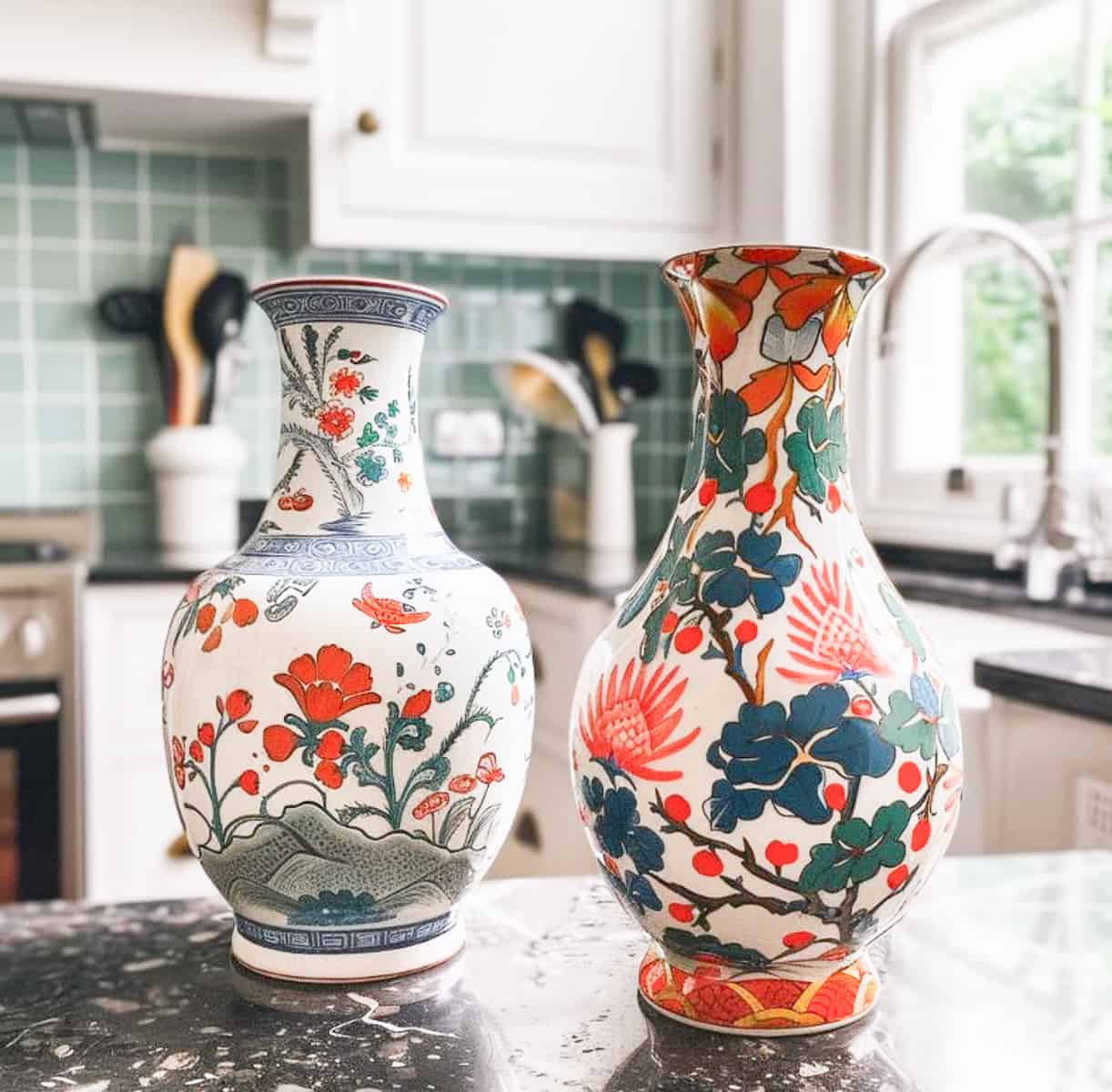 two chinoiserie vases on a counter