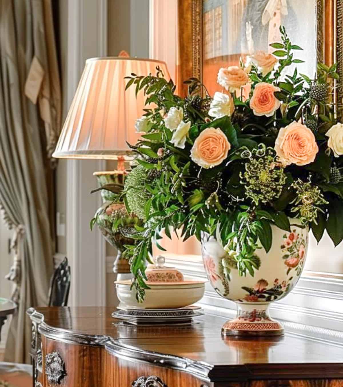 arrangement of peach and white flowers beside a lamp