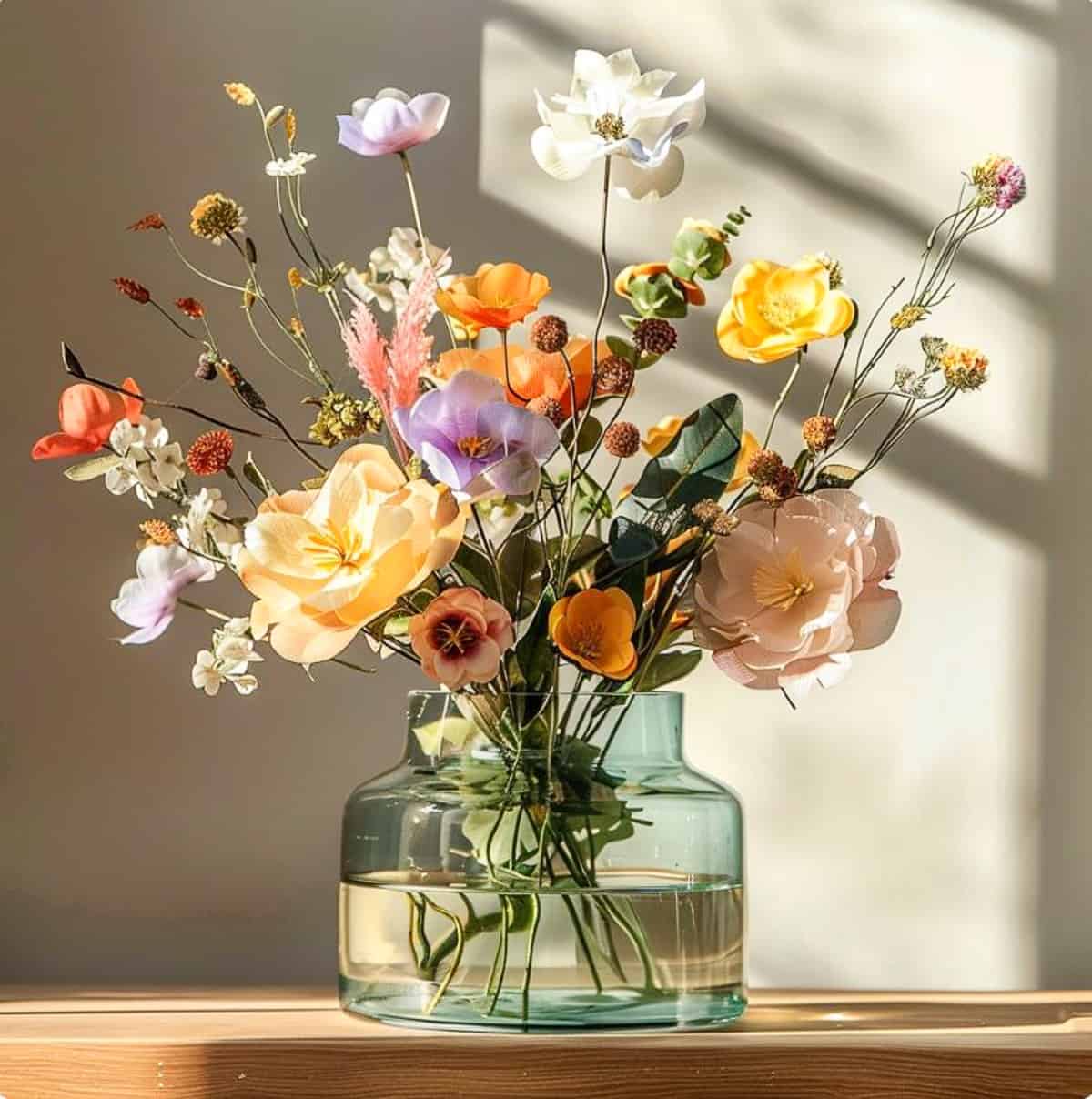casual flower arrangement in a glass vase