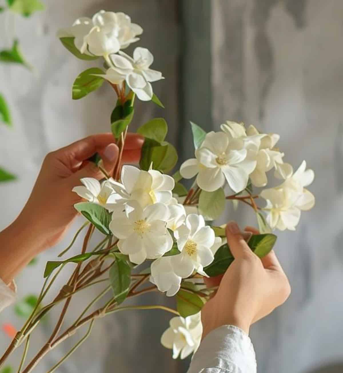 woman's hands pulling apart and bending artificial flower stems