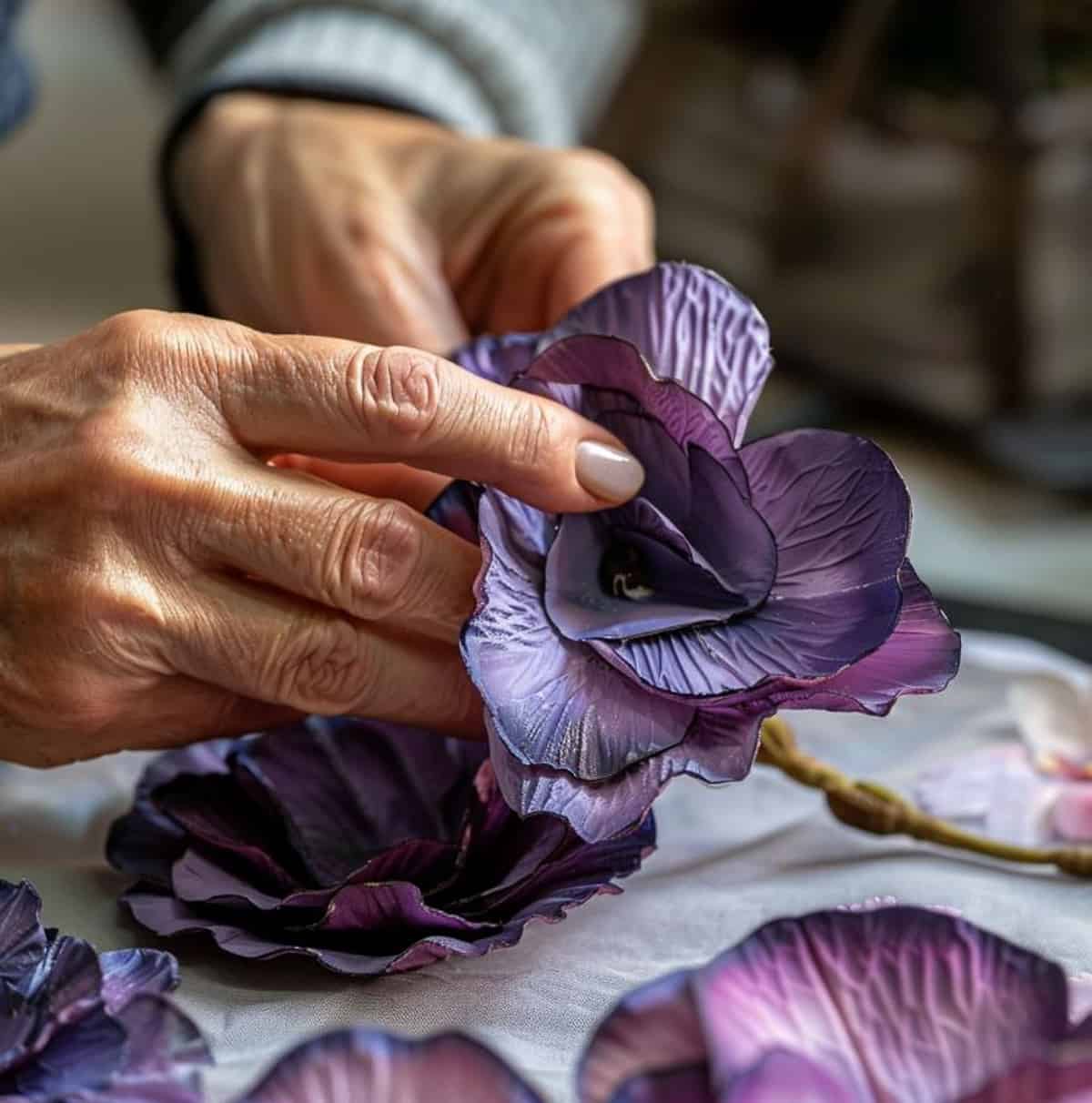 woman's hand shaping purple flower petals