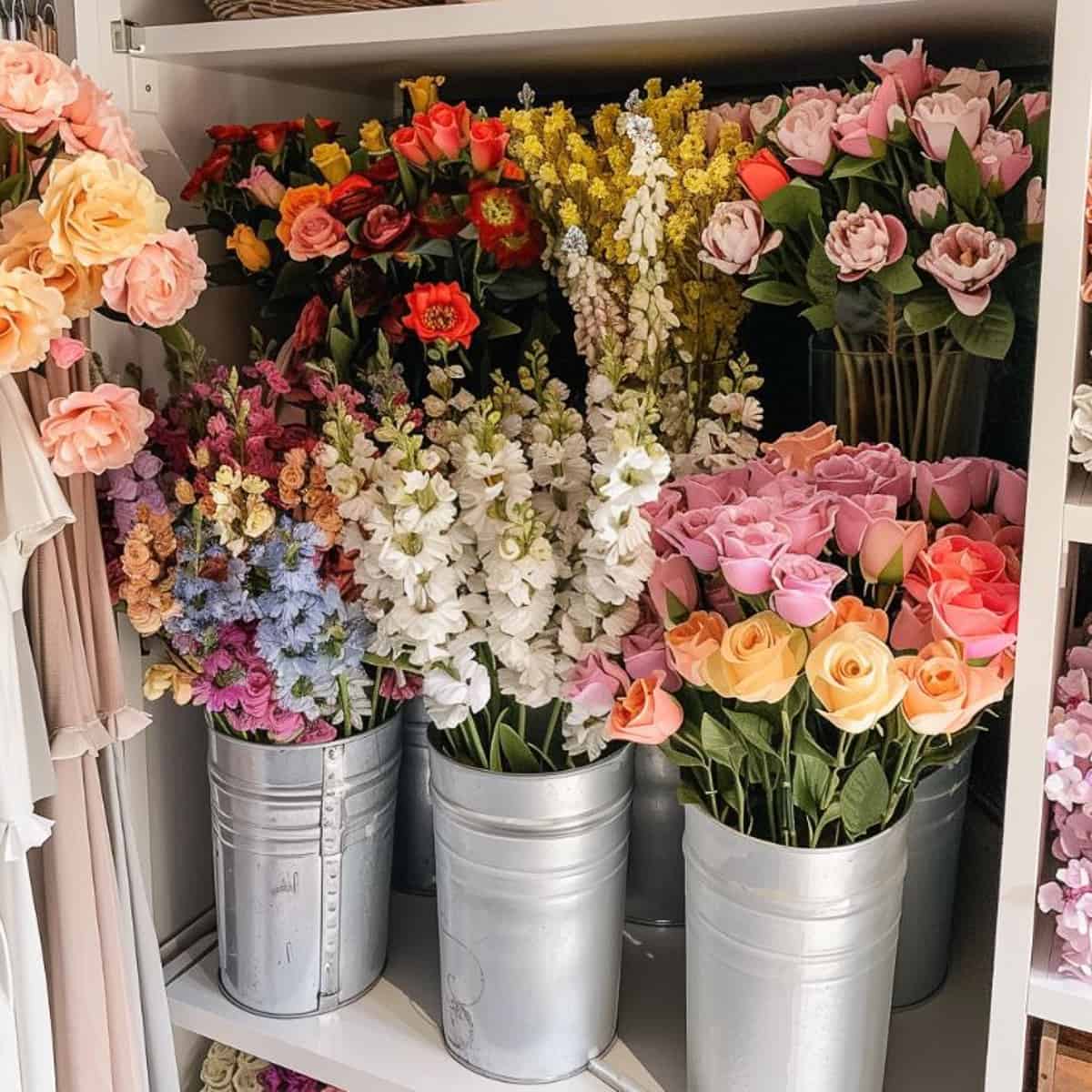 artificial flowers stems in a tall buckets for storage