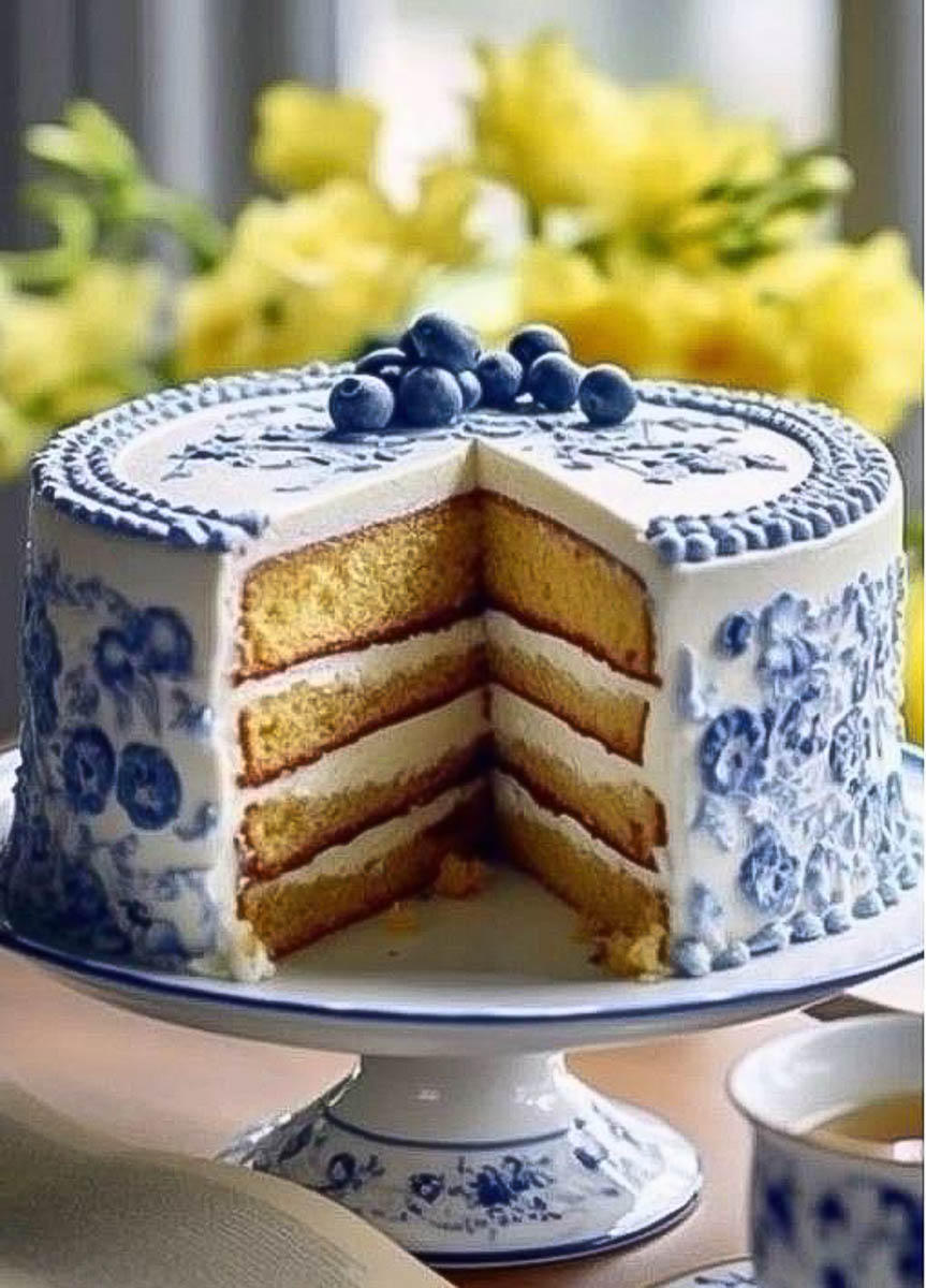 4 layer cake with white frosting and decorated with blue icing on a white cake pedestal