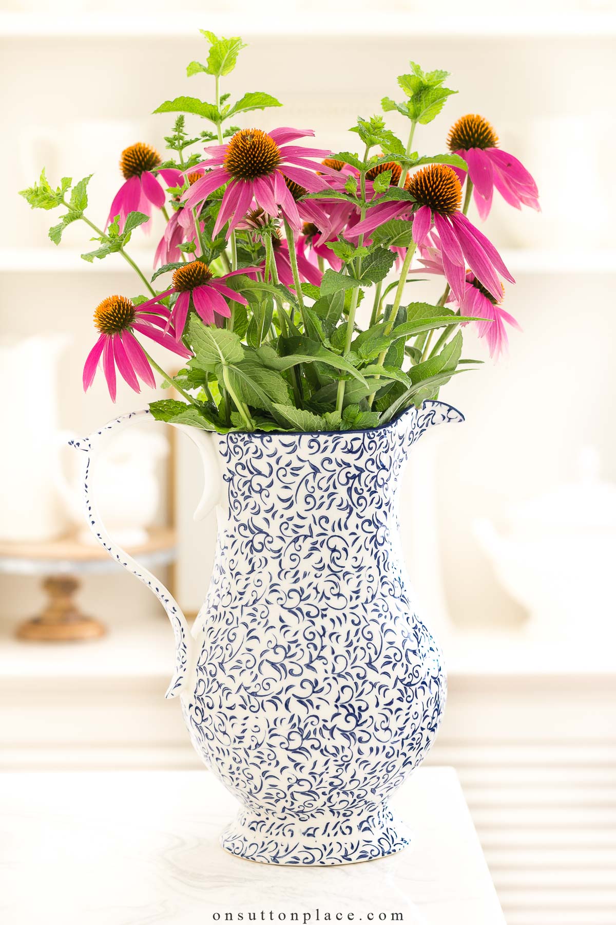 blue and white pitcher filled with a bunch of pink conehead flowers