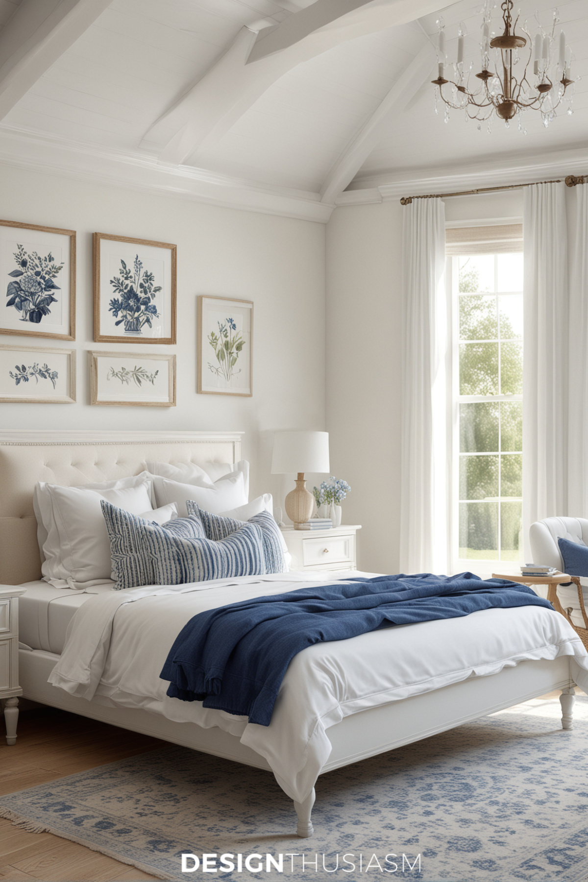 all white bedroom, walls and furniture, with pops of blue linens and art