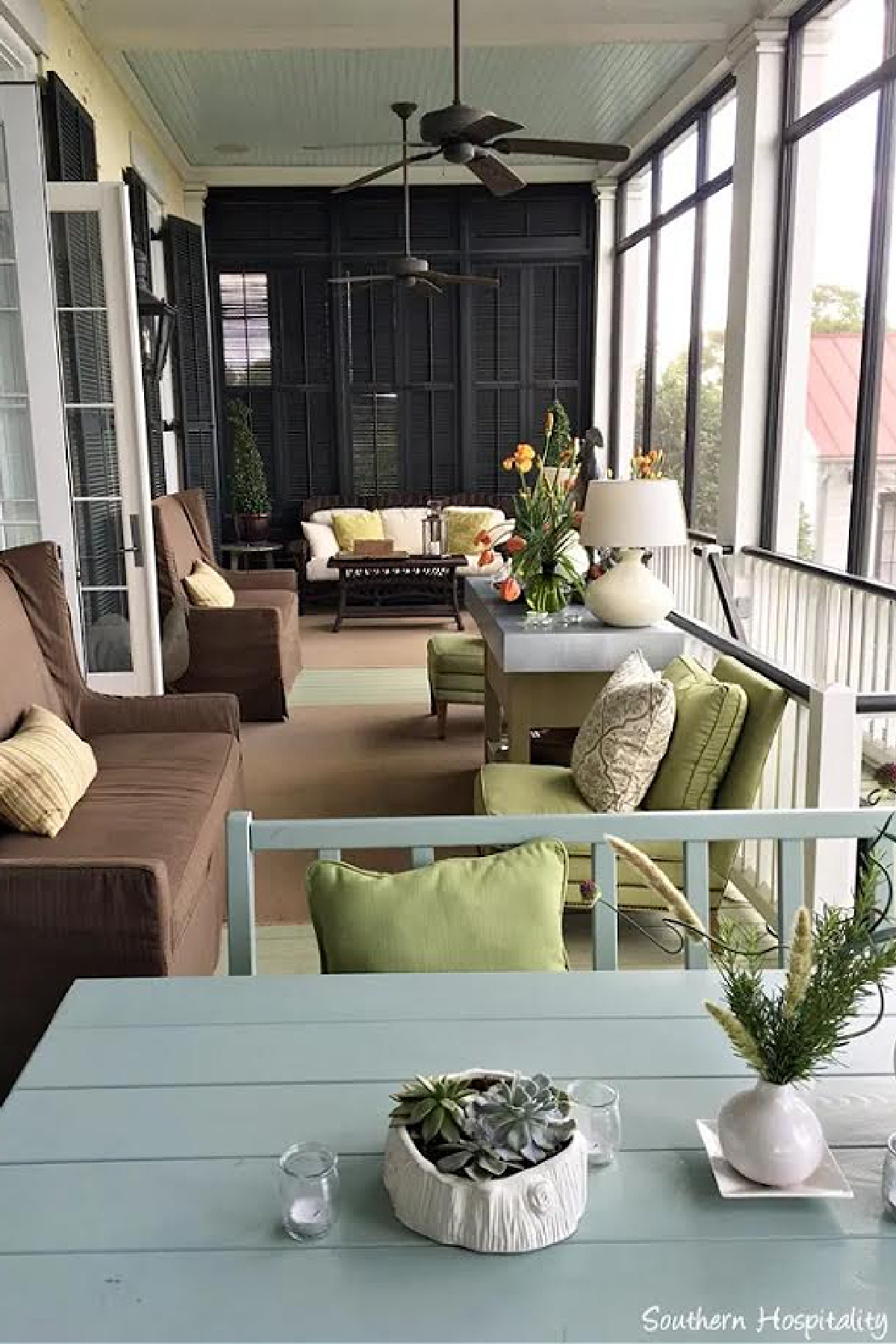 screen porch with brown and green furnishings and a haint blue ceiling