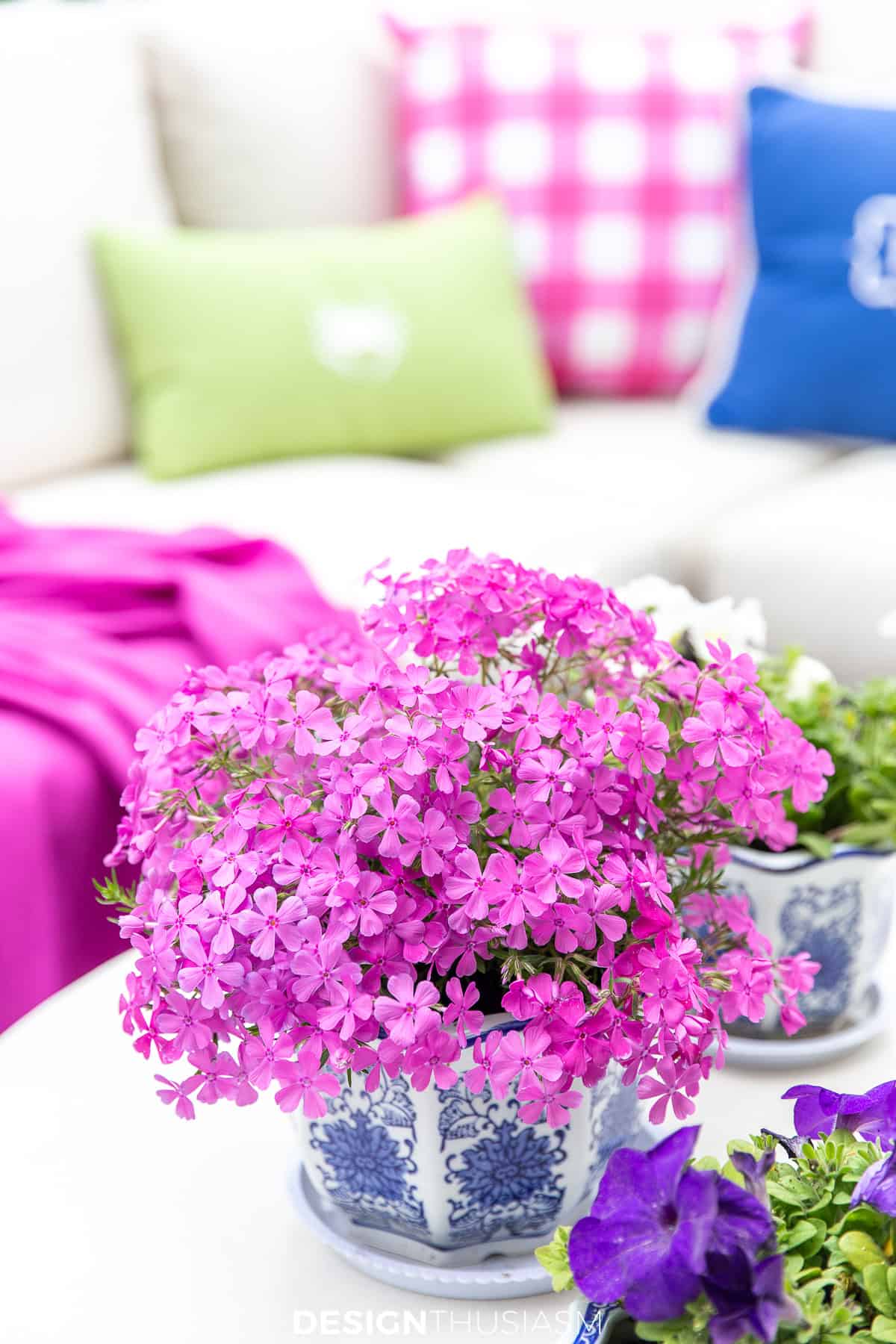 bright fushia pink flowers in a blue and white chinoiserie planter