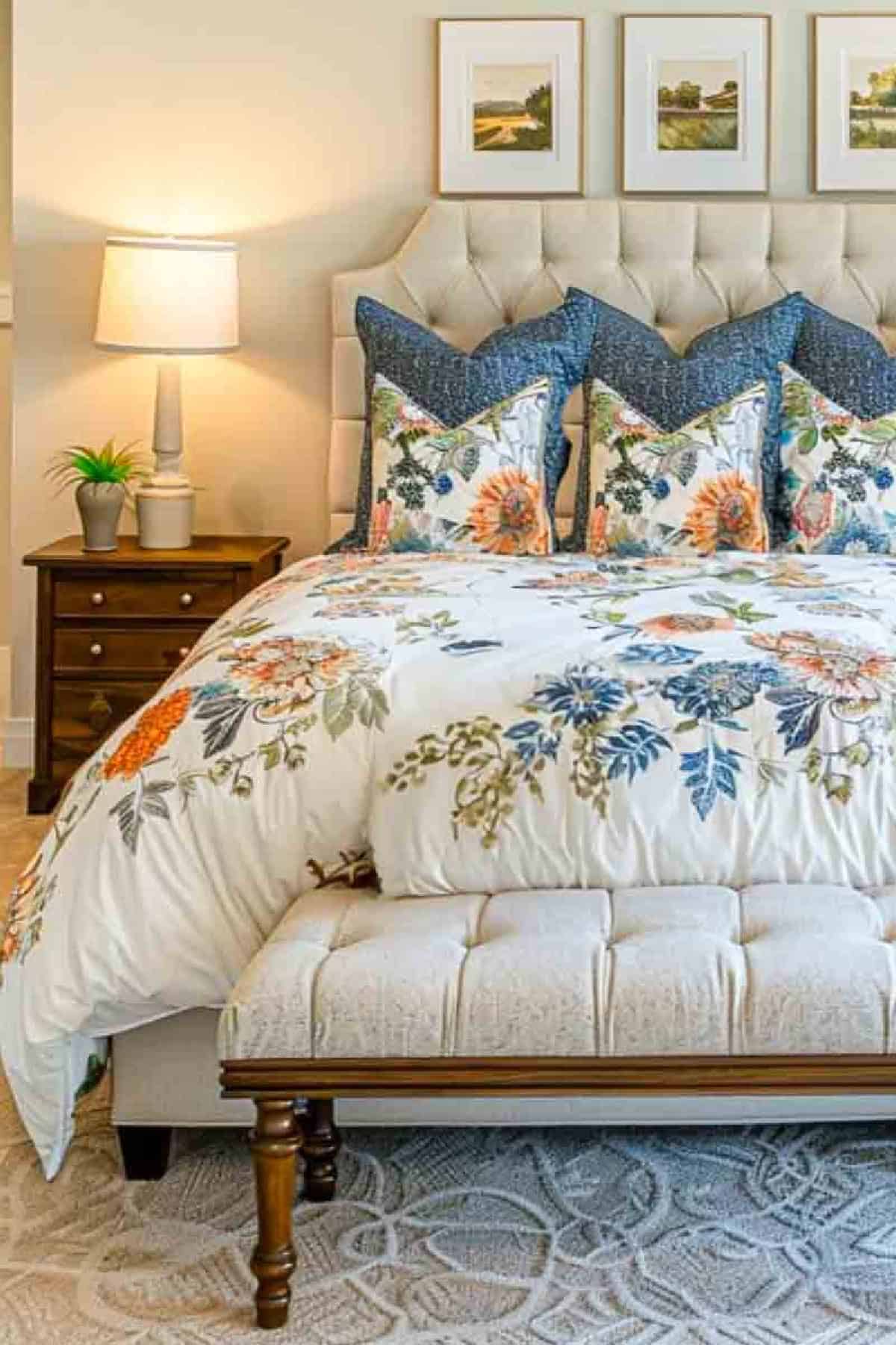 partial view of a bed with a white and floral comforter and pillow shames