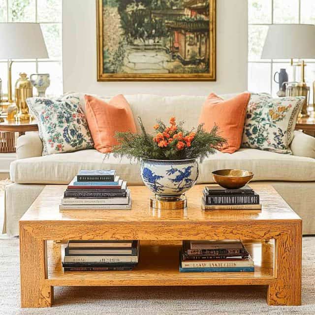 Cozy living room with a white sofa, colorful pillows, and a wooden coffee table decorated with books and a floral vase.