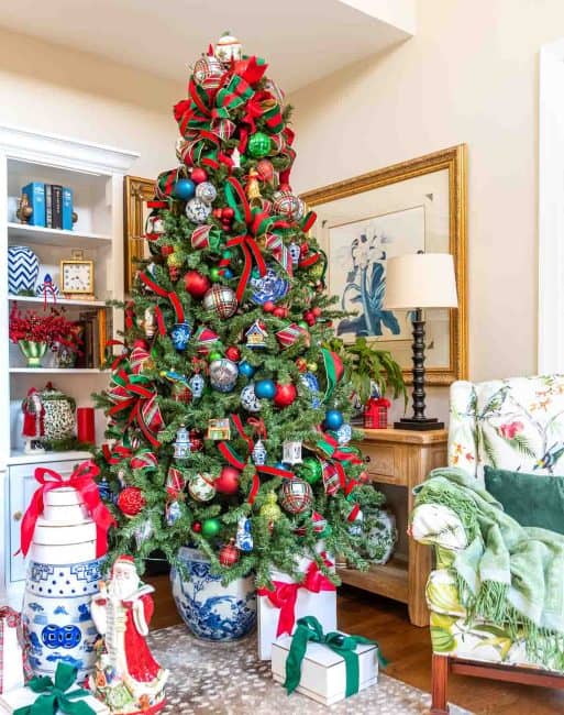 traditional red and green Christmas tree with blue and white chinoiserie accents