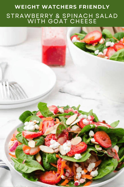 This delicious Weight Watcher friendly strawberry spinach salad with goat cheese and raspberry vinaigrette is the perfect healthy summer recipe! Easy to make, beautiful to serve, and bursting with fresh flavor.