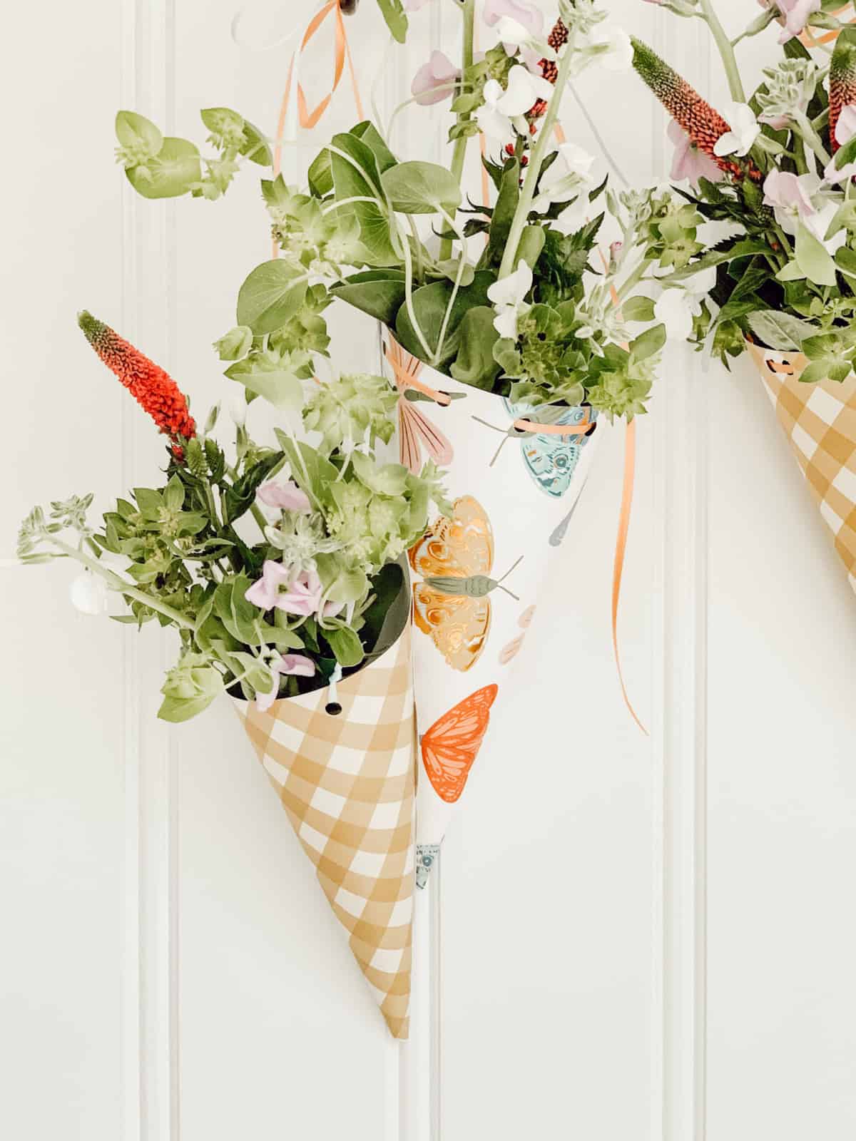 floral posies in scrapbook paper cones