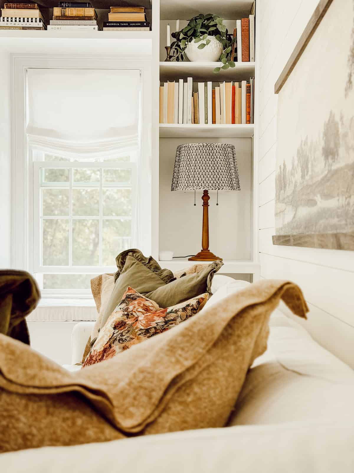 fall pillows on a white sofa