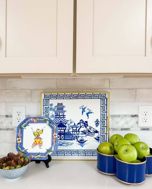 blue and white chinoiserie kitchen countertop decor