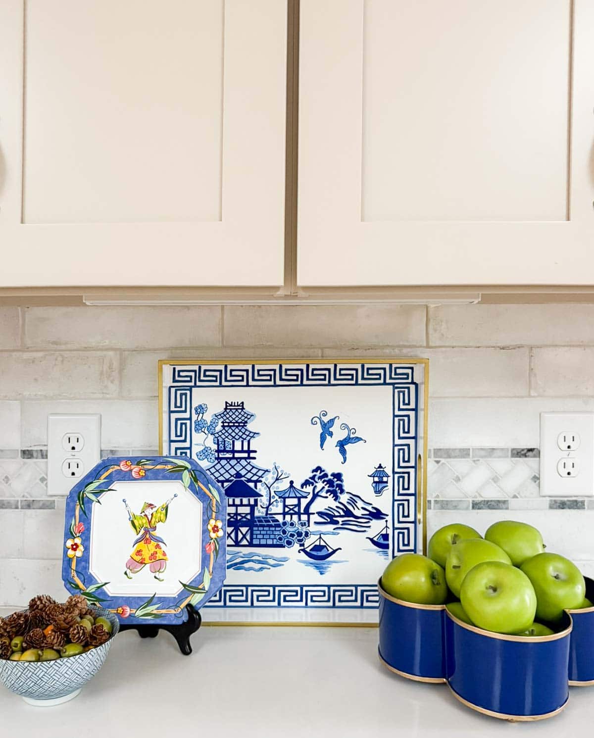 blue and white chinoiserie kitchen countertop decor