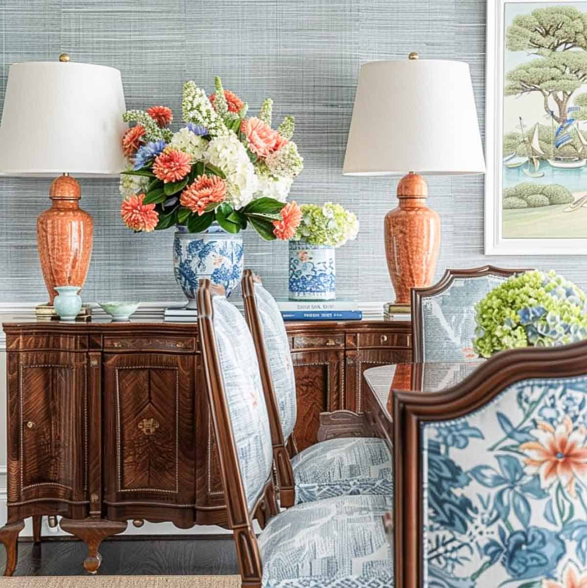Colorful floral centerpiece with vases on vintage wooden sideboard for elegant home decor.